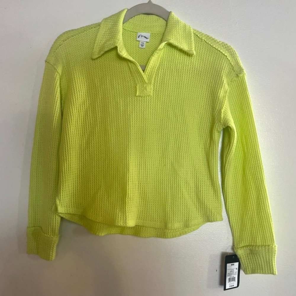 Neon Yellow Waffle Knit Collared Top